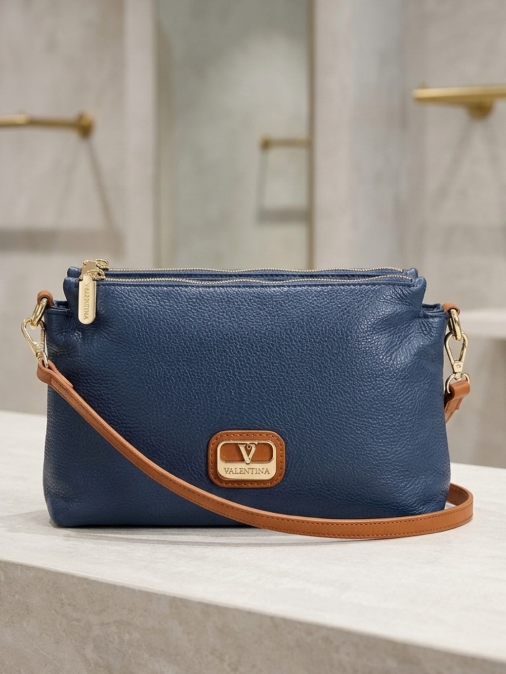 Valentina Blue Leather Crossbody with Tan Strap and Gold Logo